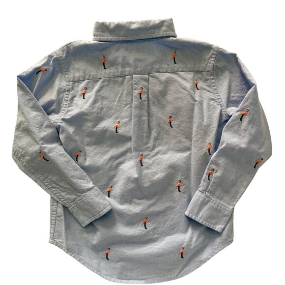 Janie and Jack Blue Oxford Flamingo Button Down Long Sleeve Shirt - Size 4 - Picture 2 of 6